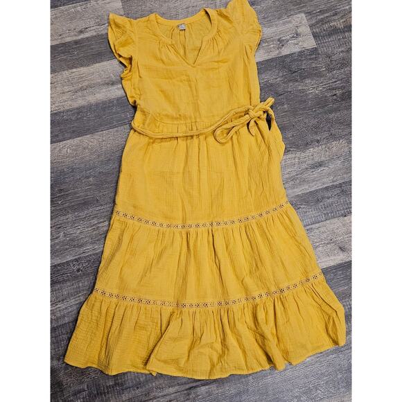 Magaschoni Women's Yellow Midi Flutter Sleeves  Pockets gauzy cotton large - Picture 8 of 8